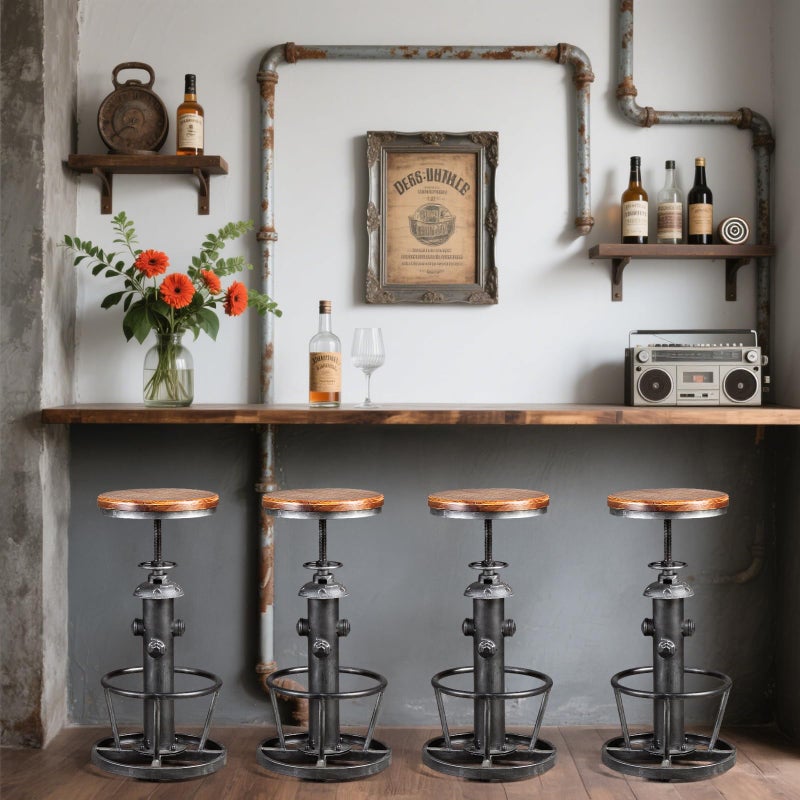 Topower Antique Industrial Round Bottom Adjustable Height Cafe Coffee Retro Vintage Stylish Water Pipe Design Pub Kitchen Bar Stool (Silver, Wooden Top) - Image 3